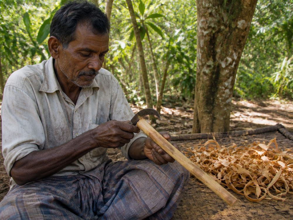 Sri Lankan cinnamon farmer hand-peeling bark