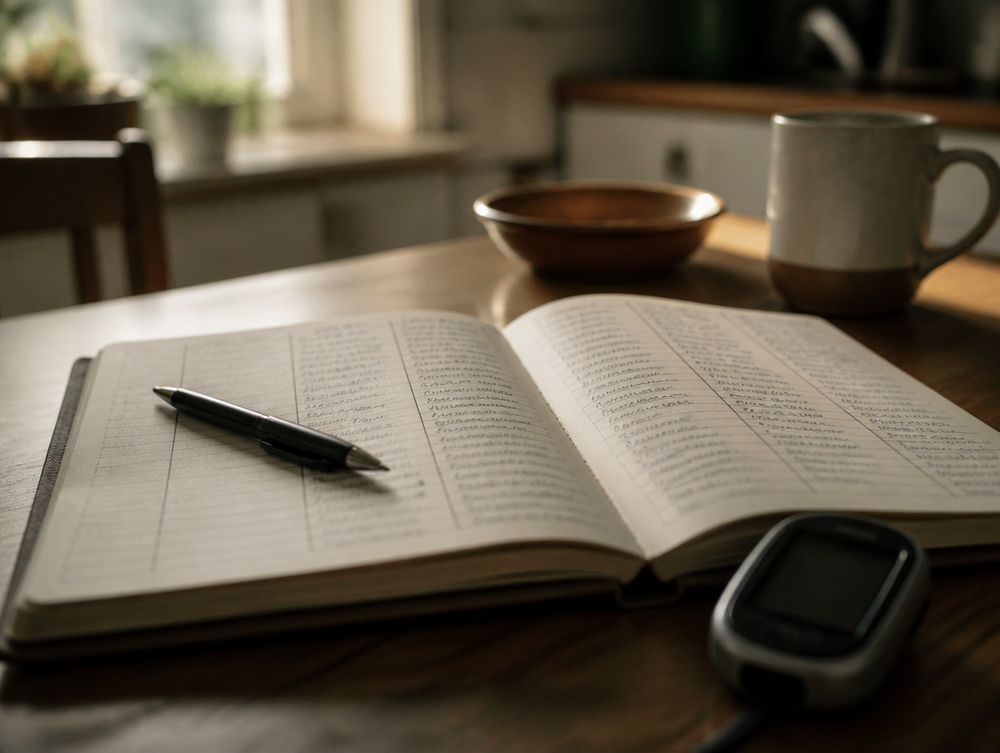 Daily log open beside a glucose meter