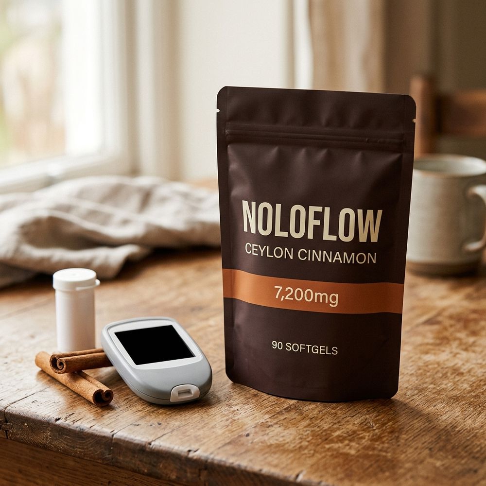 Noloflow Ceylon Cinnamon pouch on a wooden table beside a blank glucose meter
