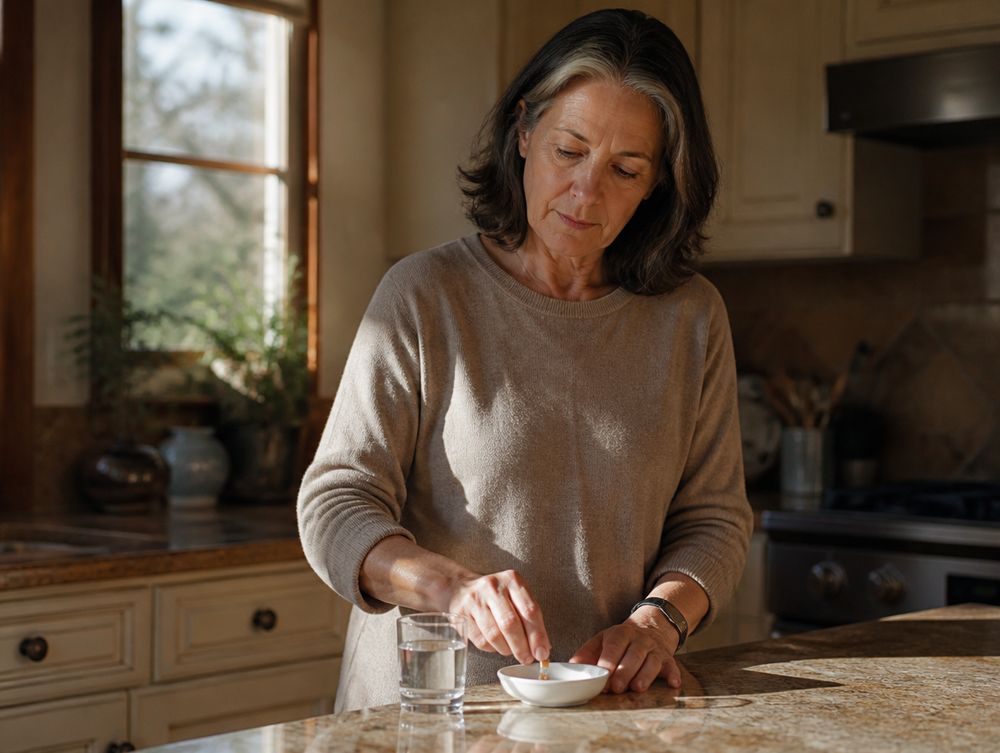 Woman taking a softgel at the kitchen counter