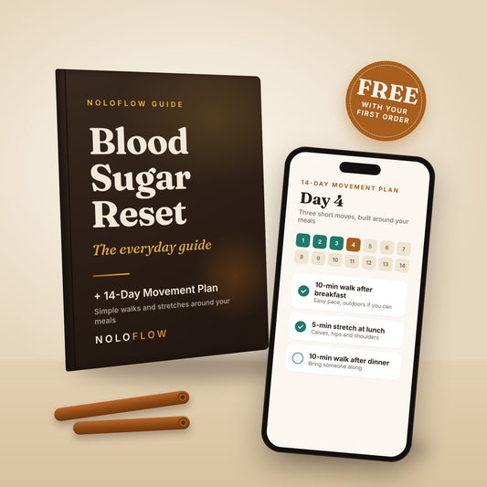 Blood Sugar Reset e-book cover and the 14-Day Movement Plan on a phone